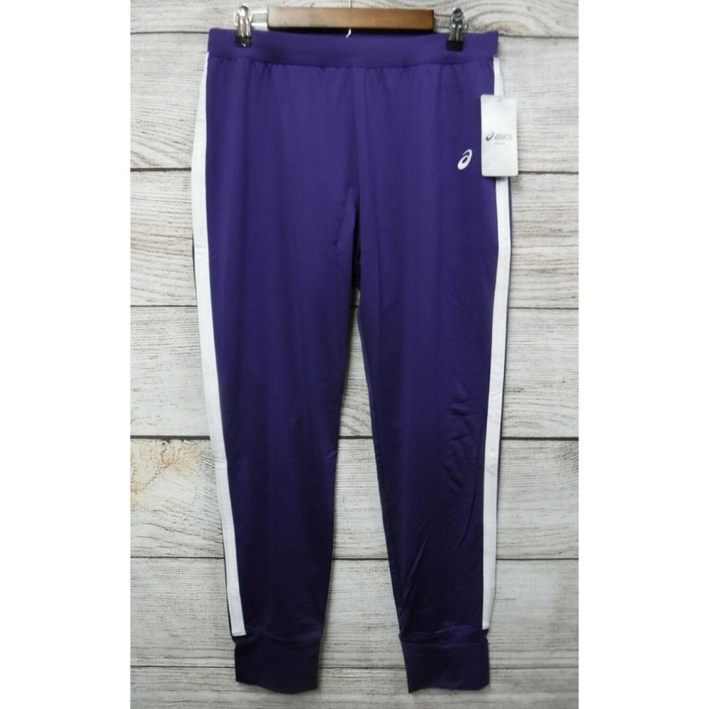 Asics Pants Womens Large Purple Side Stripe Snap Button Hem Jogger Pants New